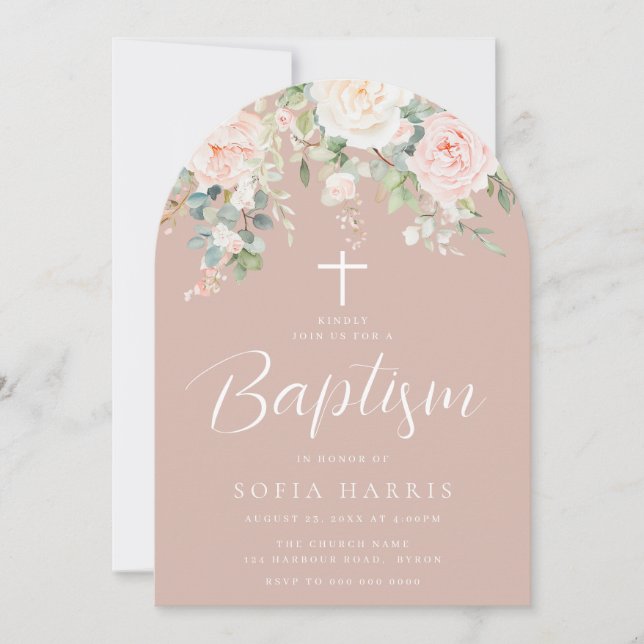 Gorgeous Blush & Ivory Girls Baptism Arch Invitation (Front)