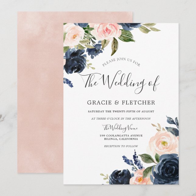 Gorgeous Blush & Navy Flowers Elegant Wedding Invitation (Front/Back)