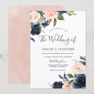 Gorgeous Blush & Navy Flowers Elegant Wedding Invitation