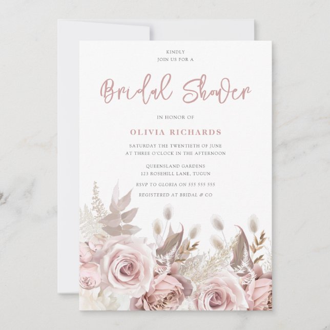 Gorgeous Blush Roses Floral Bridal Shower Invitation (Front)
