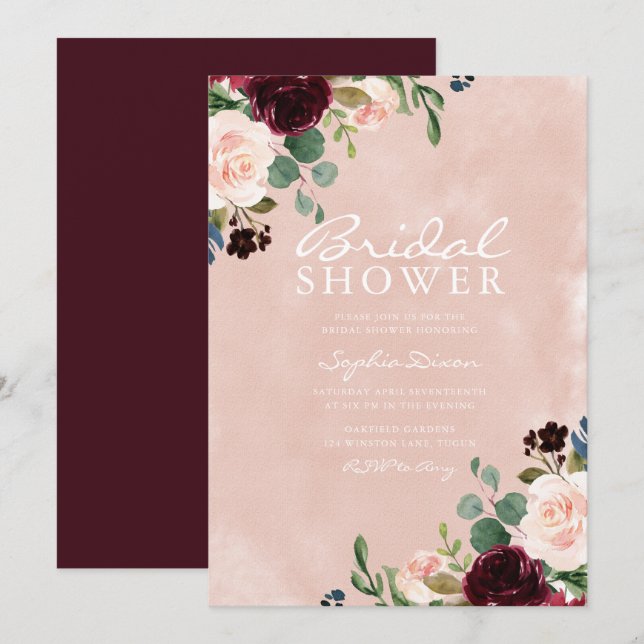 Gorgeous Blush Watercolor Burgundy Bridal Shower Invitation (Front/Back)