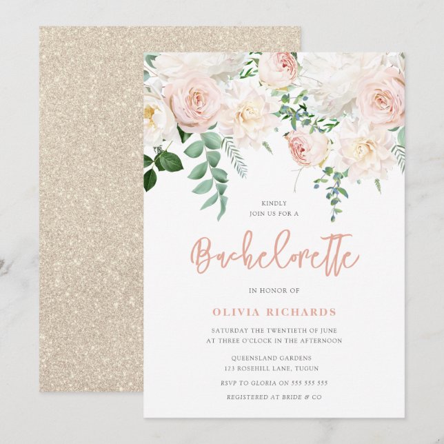 Gorgeous Blush & White Floral Bachelorette Party Invitation (Front/Back)