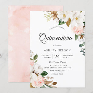 Gorgeous Blush & White Flowers Quinceanera Invitation