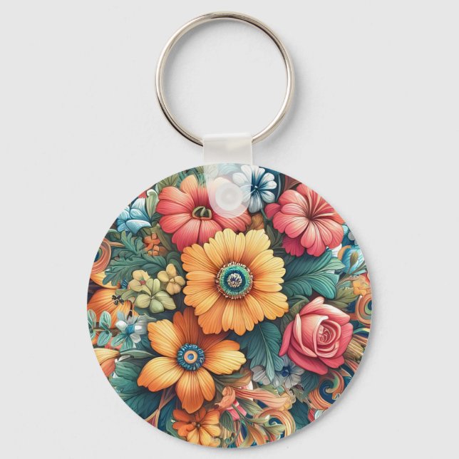 Gorgeous Bouquet of Flowers Key Ring (Front)