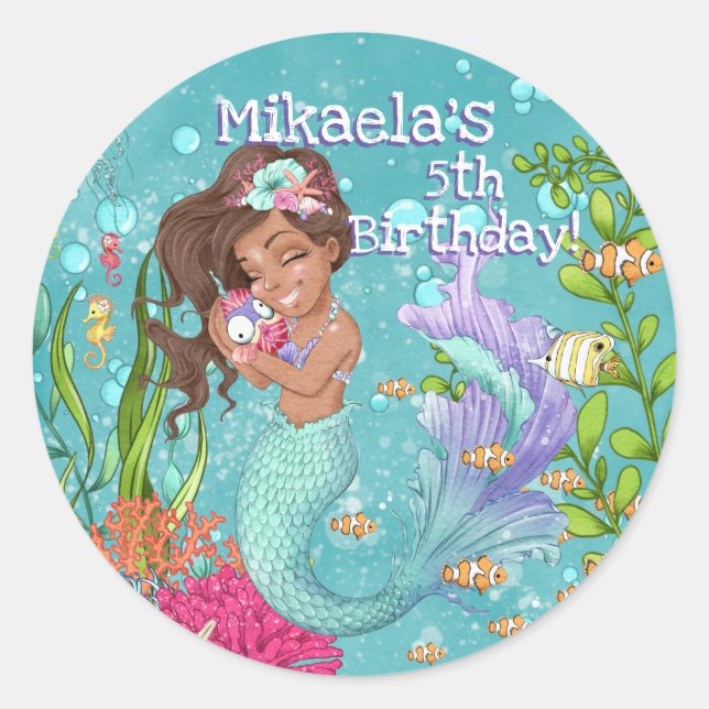 Gorgeous Brown Hair Skin Teal Mermaid Birthday Classic Round Sticker (Front)