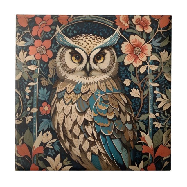 Gorgeous Brown Owl William Morris Inspired Floral Tile (Front)