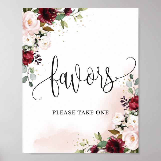 Gorgeous burgundy blush pink floral favors sign (Front)
