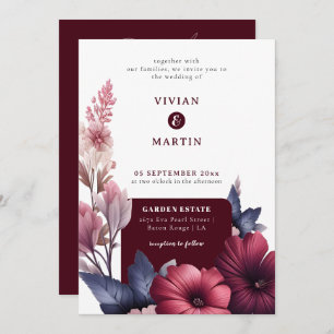 Gorgeous Burgundy Floral All in One Wedding Invitation