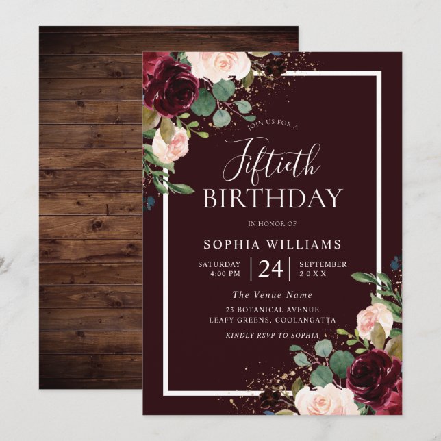 Gorgeous Burgundy Red & Blush Floral 50th Birthday Invitation (Front/Back)