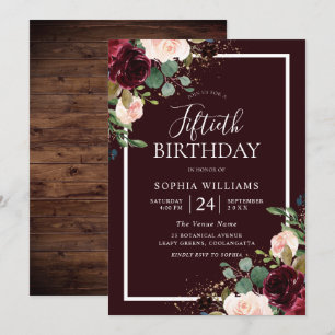 Gorgeous Burgundy Red & Blush Floral 50th Birthday Invitation