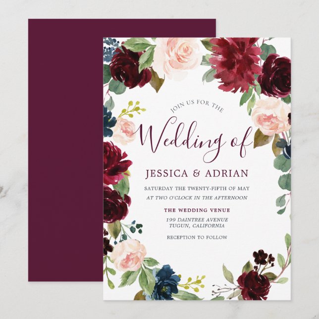 Gorgeous Burgundy Red Wine Blush Wedding Invite (Front/Back)