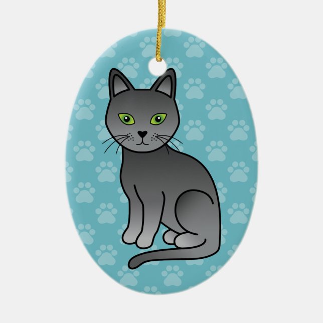 Gorgeous Cartoon Russian Blue Cat Sitting Ceramic Tree Decoration (Front)
