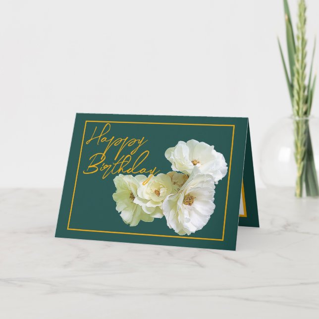 Gorgeous Chic White Rose Floral Bouquet Birthday Card (Front)