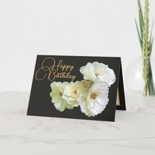 Gorgeous Chic White Rose Floral Bouquet Birthday Card (Front)