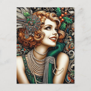 Gorgeous Christmas Flapper Woman Green Dress Postcard