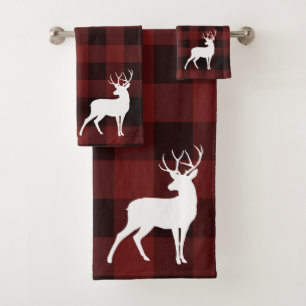 Gorgeous Christmas Plaid and White Dear Bath Towel Set