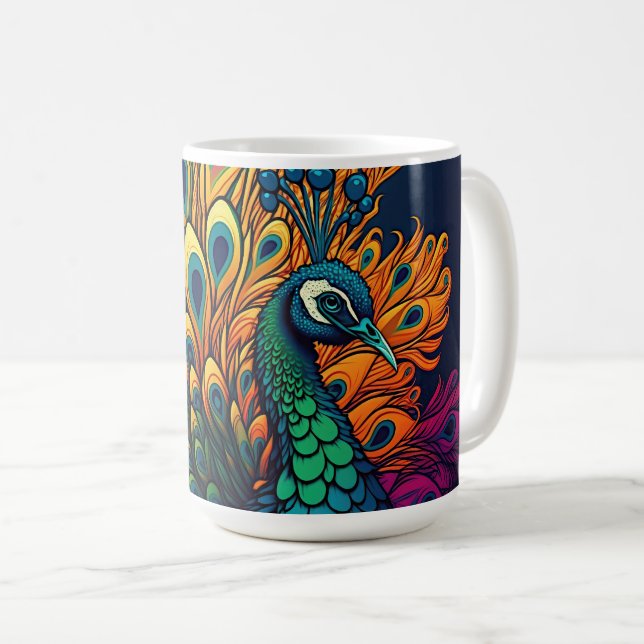 Gorgeous Colorful Peacock, Art Deco Style Coffee Mug (Front Right)