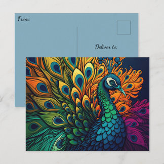 Gorgeous Colorful Peacock, Art Deco Style Postcard