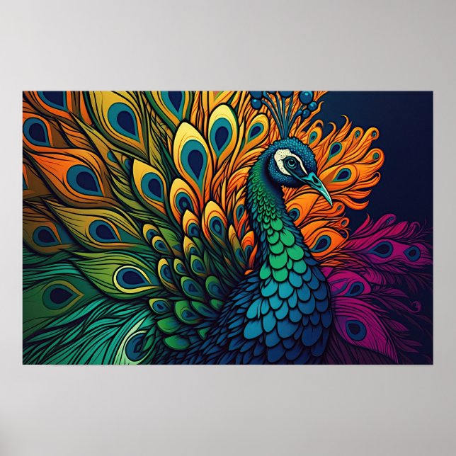 Gorgeous Colorful Peacock, Art Deco Style Poster (Front)