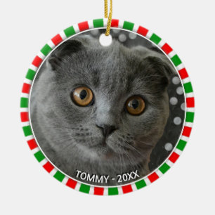 Gorgeous custom grey cat photo and green red frame ceramic tree decoration
