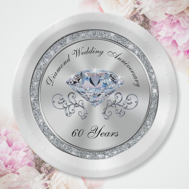 Gorgeous Diamond 60th Wedding Anniversary Plates (60th wedding anniversary party ideas. Silver, Diamond wedding anniversary table decorations. Elegant)