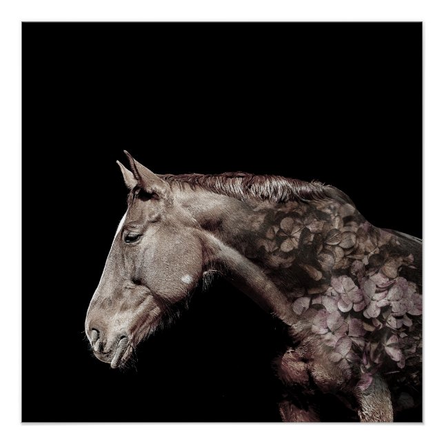 Gorgeous Double Exposure Horse Flower Photo Poster (Front)