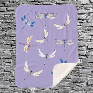 Gorgeous Dragonflies in Flight on Dusky Purple Fle Sherpa Blanket