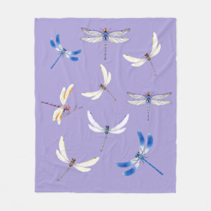 Gorgeous Dragonflies in Flight on Dusky Purple Fleece Blanket