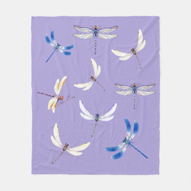 Gorgeous Dragonflies in Flight on Dusky Purple Fleece Blanket (Front)