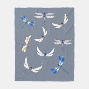 Gorgeous Dragonflies in Flight on Grey Fleece Blanket
