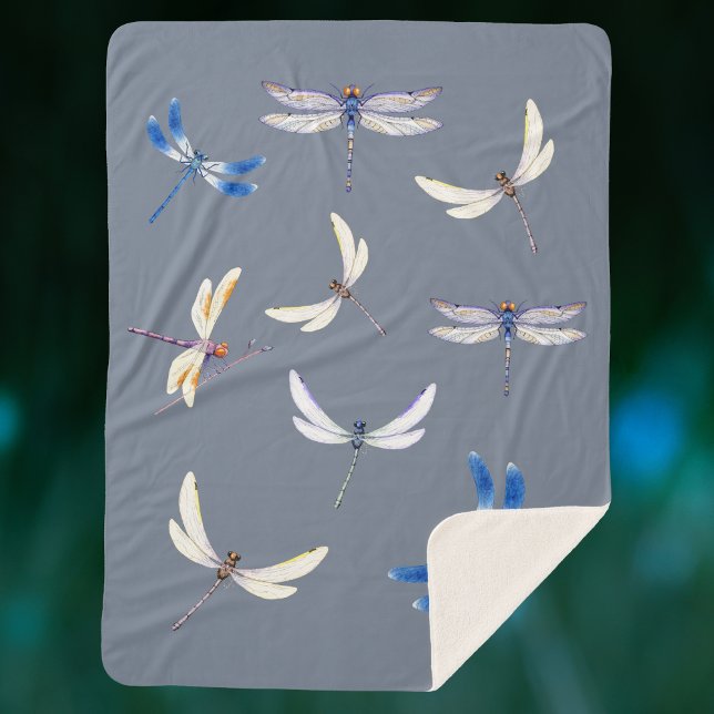 Gorgeous Dragonflies in Flight on Grey Sherpa Blanket (Creator Uploaded)