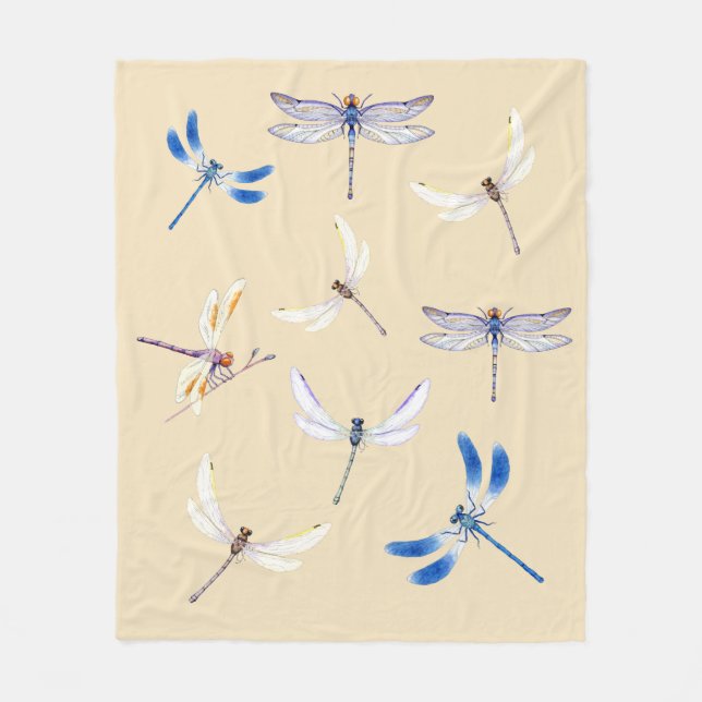 Gorgeous Dragonflies in Flight on Light Tan Fleece Blanket (Front)