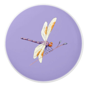 Gorgeous Dragonfly on Branch on Purple Ceramic Knob