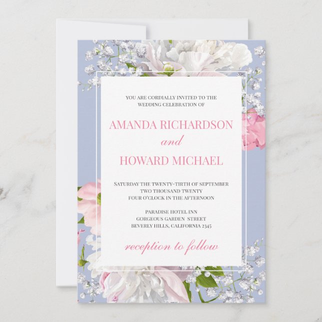 Gorgeous dusty blue and blush pink floral wedding invitation (Front)
