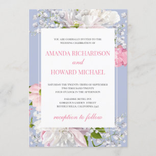 Gorgeous dusty blue and blush pink floral wedding invitation