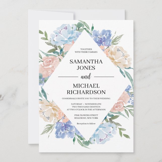 Gorgeous dusty blue pink floral rombus wedding invitation (Front)