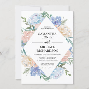 Gorgeous dusty blue pink floral rombus wedding invitation