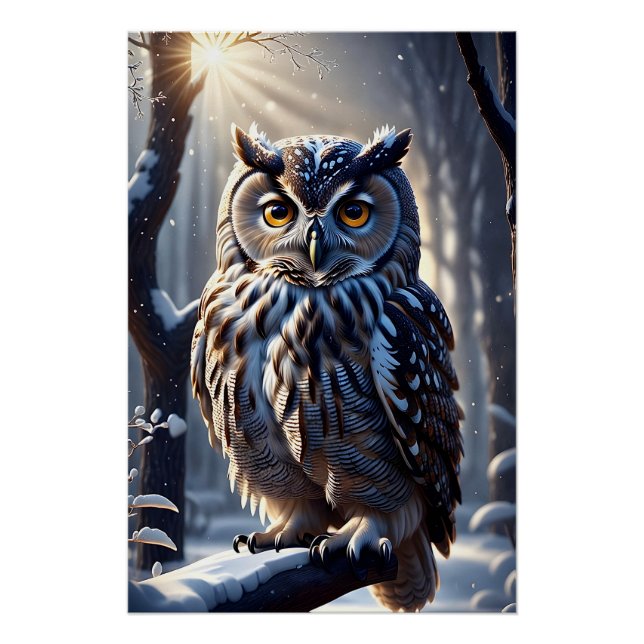 Gorgeous Eagle Owl in Snow on Tree Branch Limb Poster (Front)