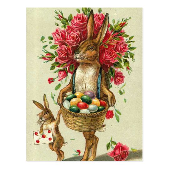 Gorgeous Easter Bunny Roses & Baby Bunny Postcard