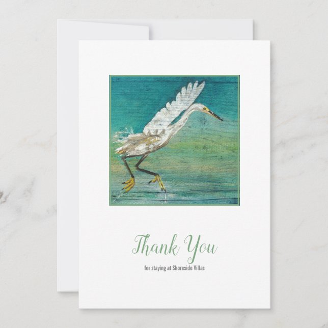 Gorgeous Egret Coastal Beach Art Vacation Rental Thank You Card (Front)
