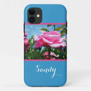Gorgeous, elegant pink rose flower, with name iPhone 11 case