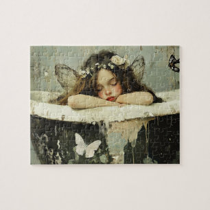 Gorgeous Fairy asleep in a vintage bathtub Jigsaw Puzzle
