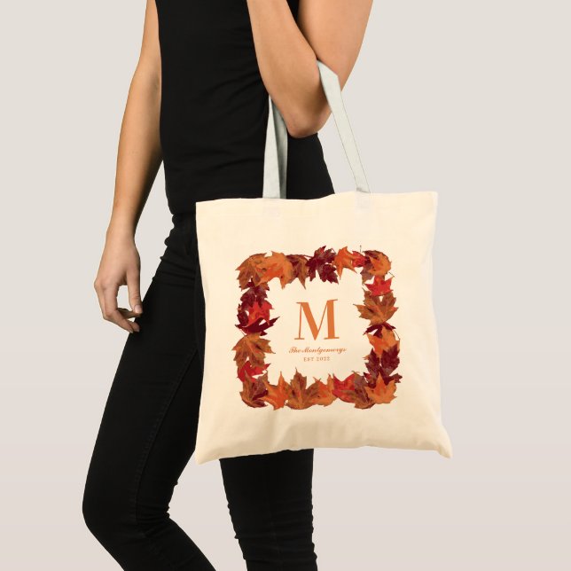 Gorgeous Fall Autumn Leaves Monogram Tote Bag (Front (Product))