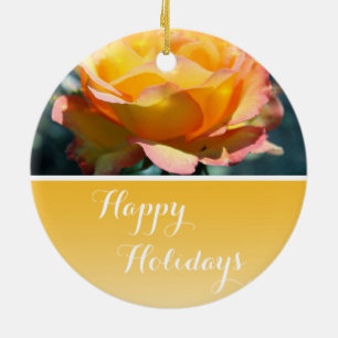 Gorgeous fancy yellow rose Happy holidays Ceramic Tree Decoration