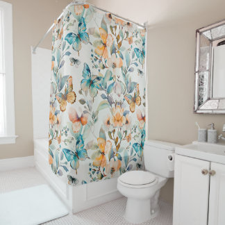 Gorgeous Floral Teal Orange Butterfly Shower Curtain