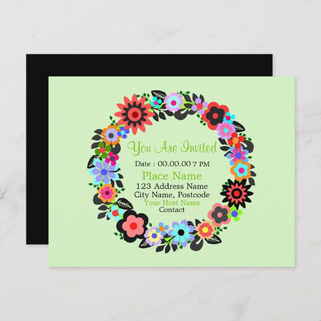 "Gorgeous Floral Wreath Style" Invitation Card. (Front/Back)