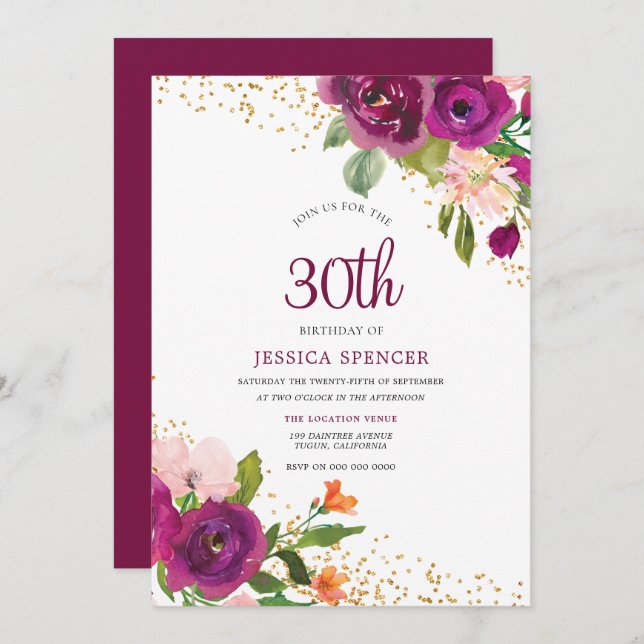 Gorgeous Flowers Pink 30th Birthday Party Invitation (Front/Back)