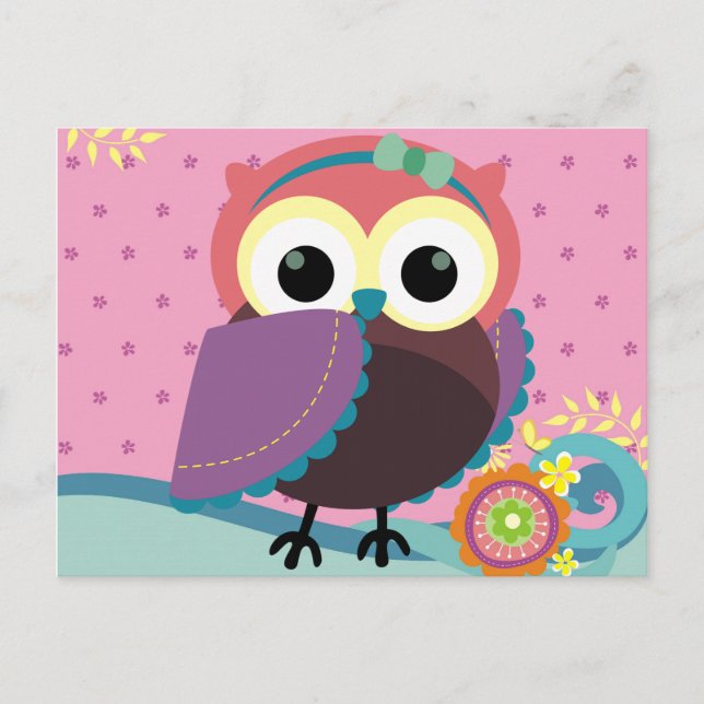 Gorgeous Folk Art Owl with Flowers Postcard (Front)
