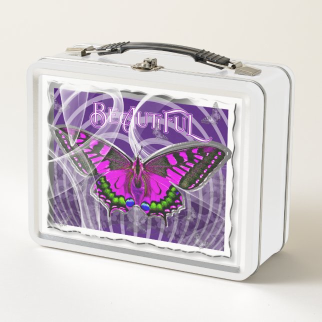 Gorgeous Framed Butterfly “Beautiful” Text Metal Lunch Box (Front)