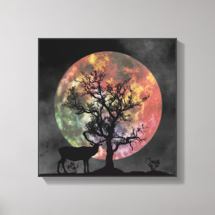 Gorgeous Full Moon Elk Silhouette Canvas Wall Art